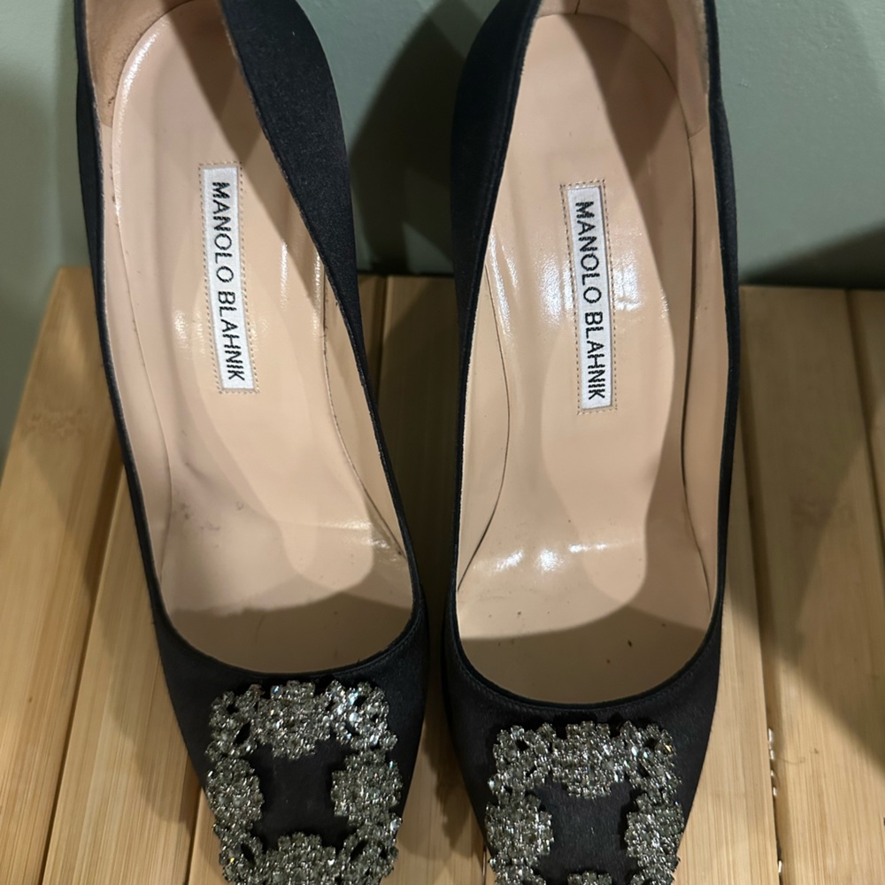 Manolo Blahnik Black Satin Jeweled Pointed Toe Pumps